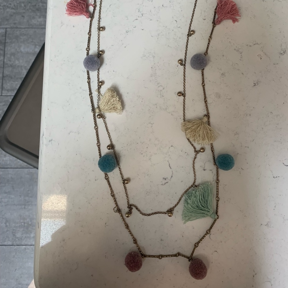 Two tiered pom tassel necklace